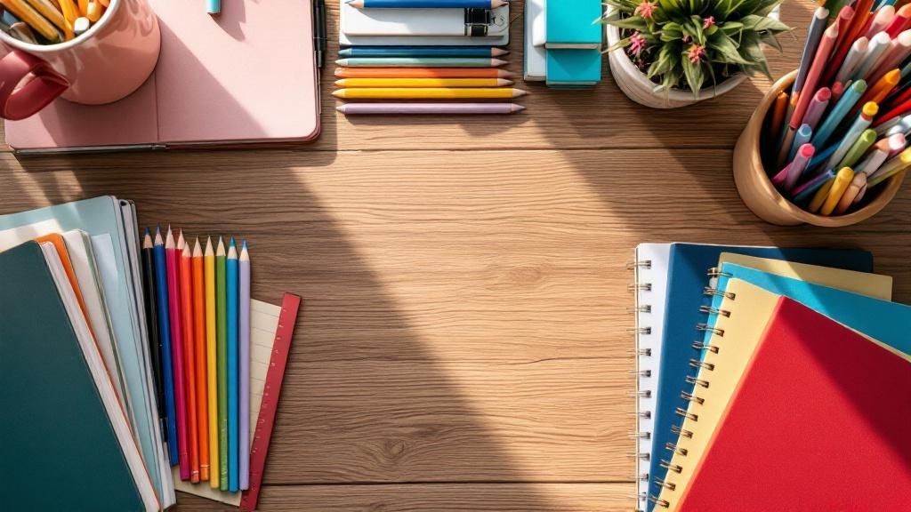 Assorted school supplies including notebooks, colored pencils, and stationery neatly arranged on a wooden desk.