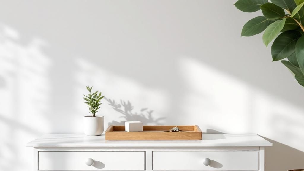 A minimalist white dresser with a wooden tray holding a small potted plant, a candle, and a key. Soft natural light and plant shadows create a clean, modern atmosphere — ideal for real estate staging.