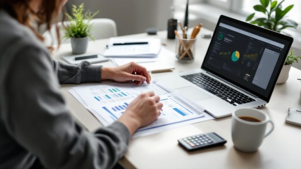 A person analyzing financial reports at a desk with a laptop showing business analytics