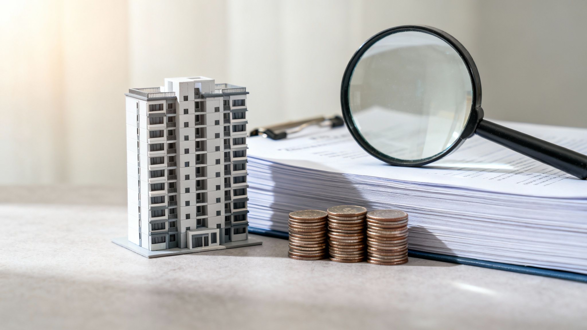 Miniature building model, stacked coins, magnifying glass, and documents for property investment analysis.