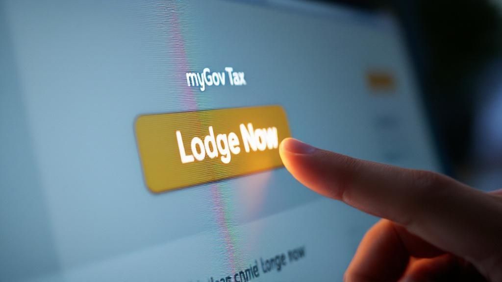 Finger pressing the 'Lodge Now' button on the myGov Tax website