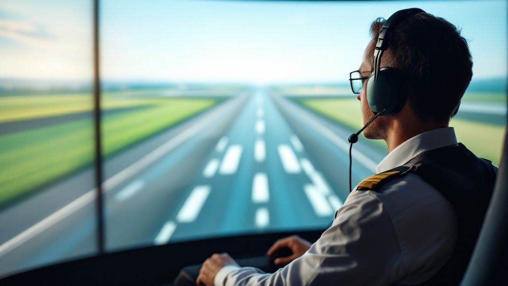 Commercial airline pilot training in a flight simulator, wearing a headset and uniform