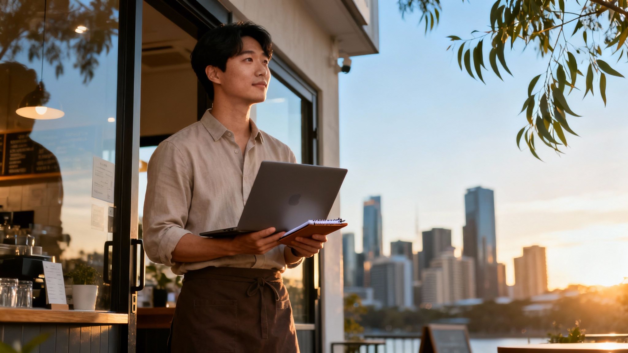 카페 앞에서 노트북과 노트를 들고 노을 지는 도시를 바라보는 아시아 남성.