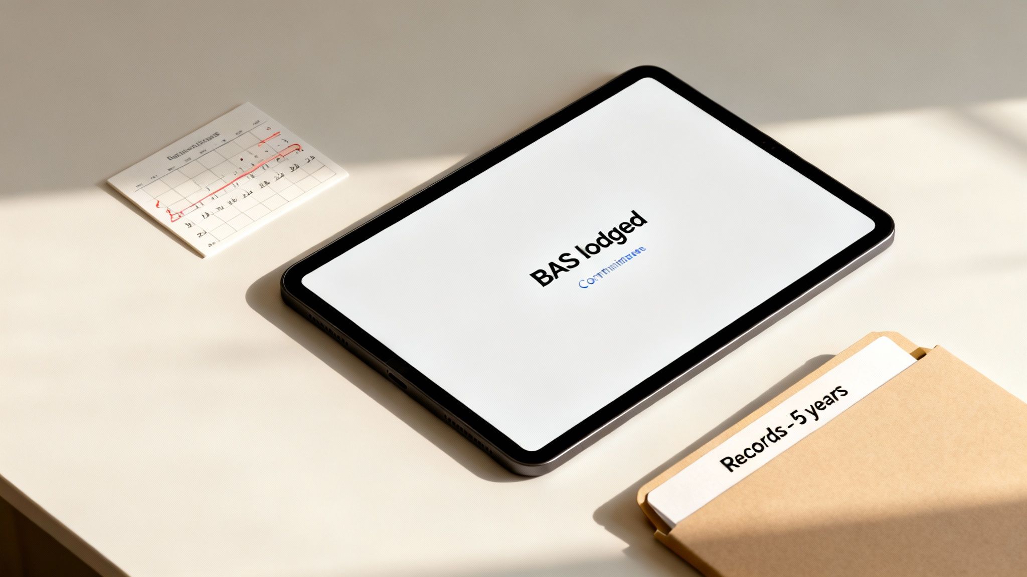 A tablet displays 'BAS lodged' next to a calendar and a folder for 'Records - 5 years', symbolizing business compliance.