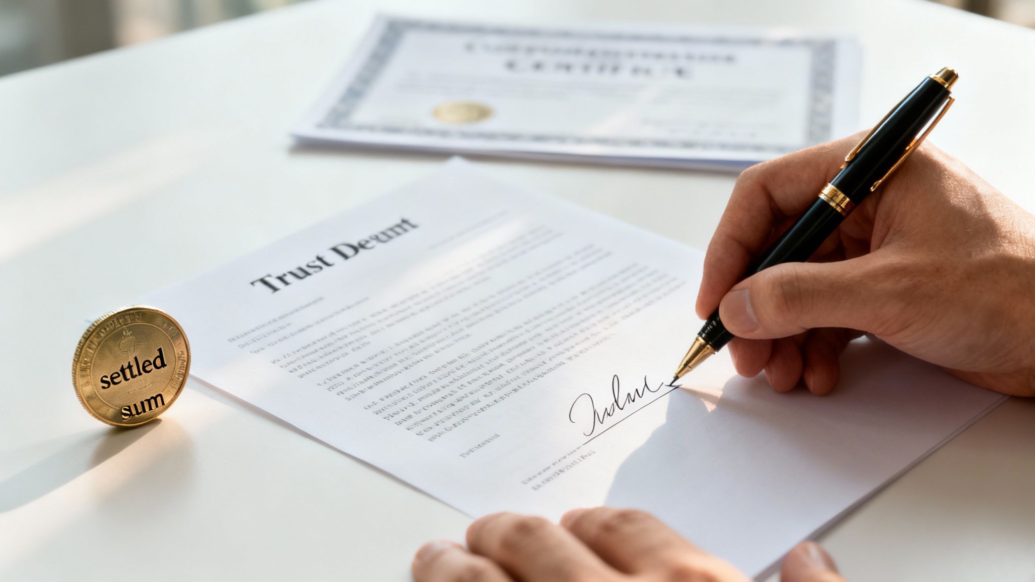 A person's hand signing a 'Trust Deent' document with a gold 'settled sum' coin on the desk.