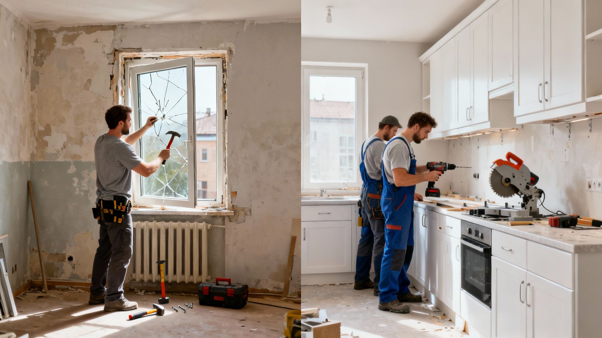 집 리모델링: 창문 교체와 새 주방 설치 작업 모습.