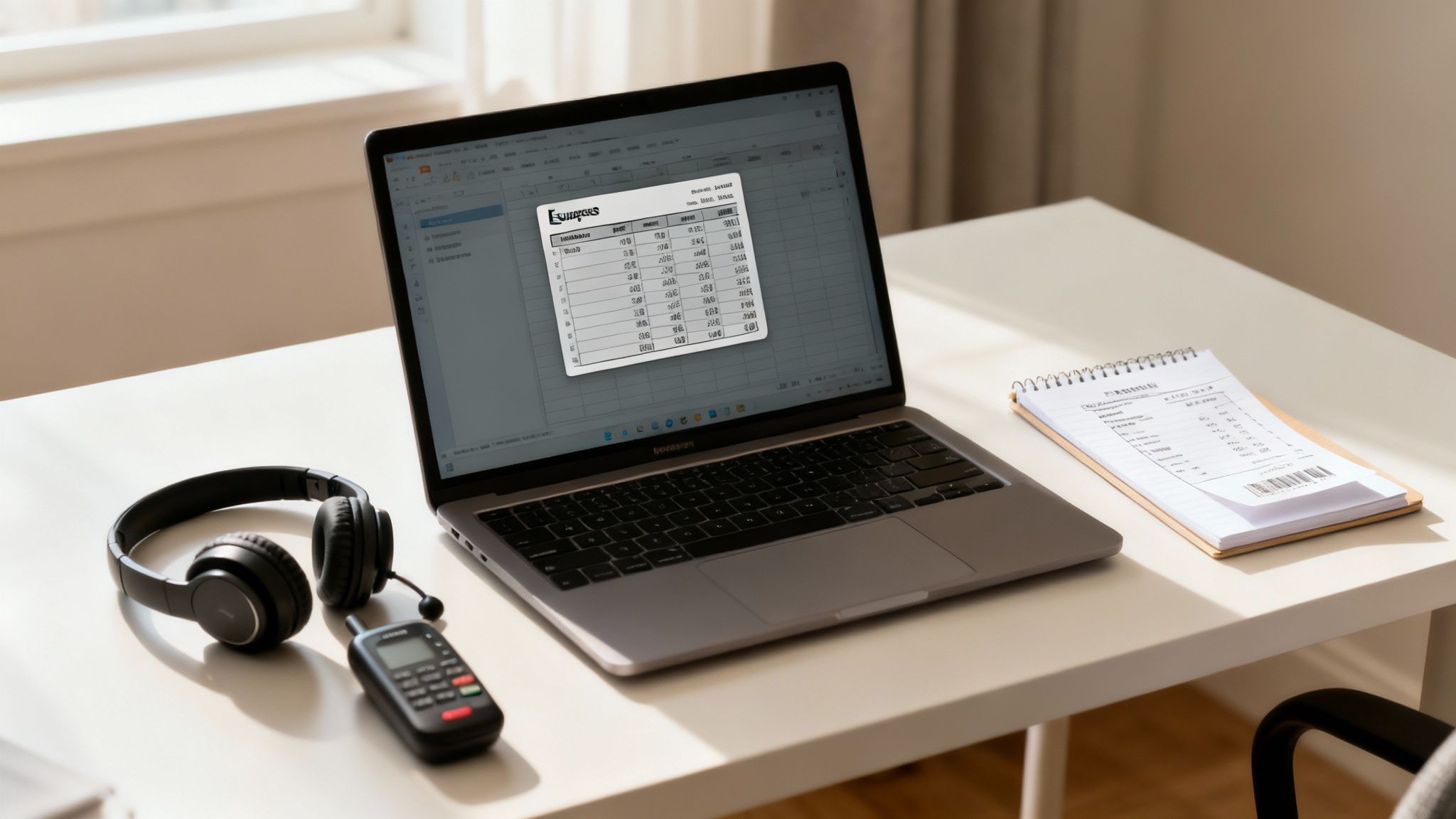 A laptop with a spreadsheet open, headphones, a walkie-talkie, and a notebook on a white desk.