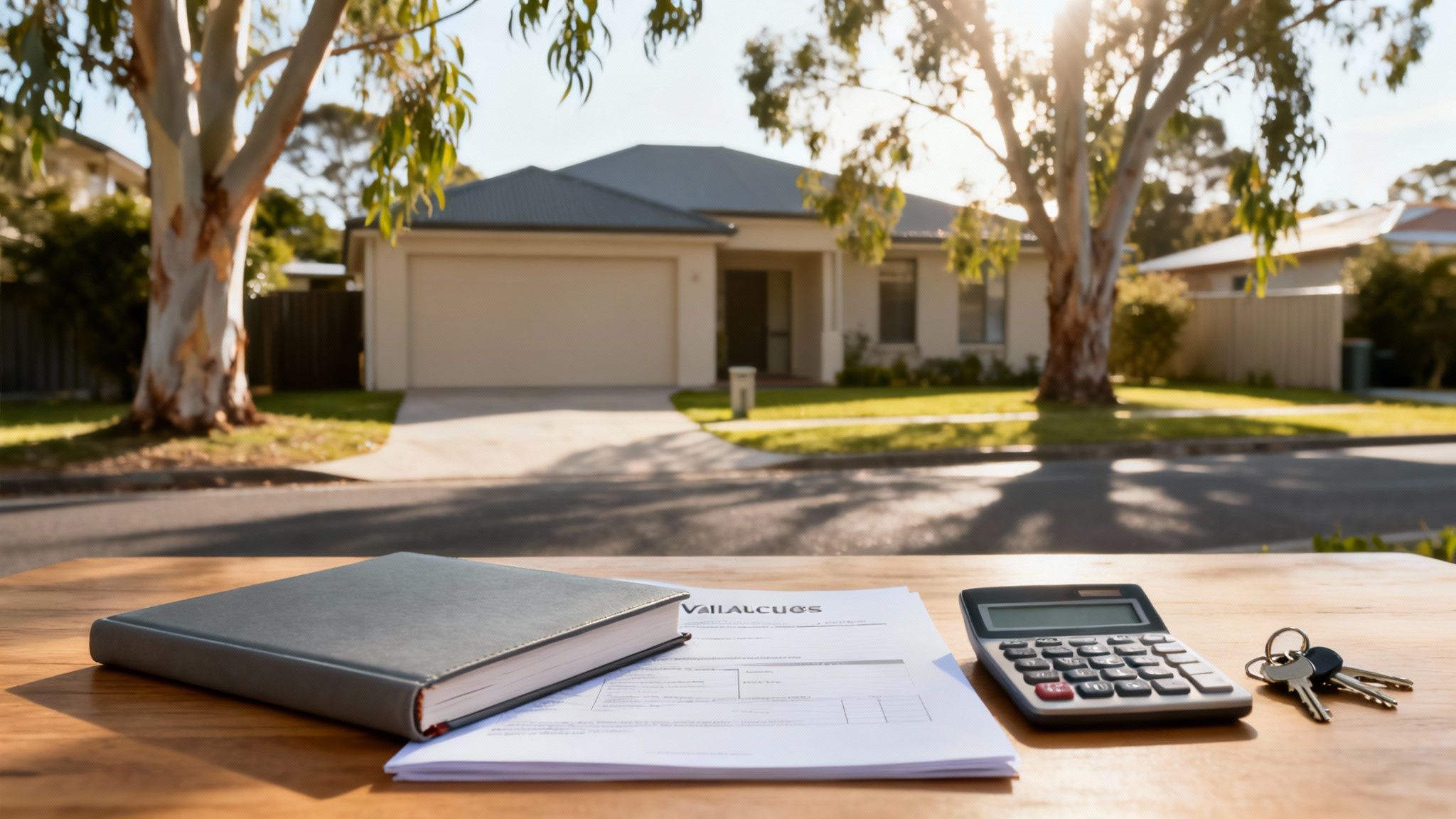주택을 배경으로 나무 테이블 위에 놓인 노트, 서류, 계산기, 열쇠.