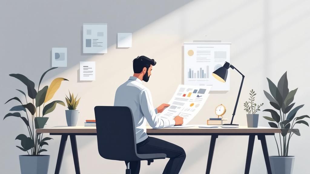 Professional accountant analyzing business reports at a modern office desk