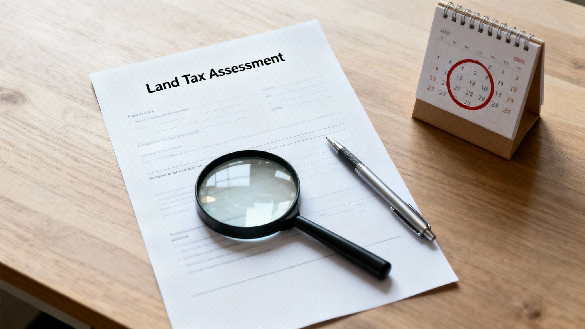 A 'Land Tax Assessment' form on a wooden desk with a magnifying glass, pen, and a circled date on a calendar.