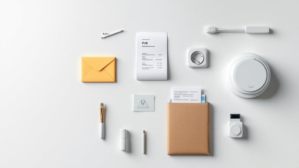 Flat lay of office stationery, invoice, and tech accessories on a white desk