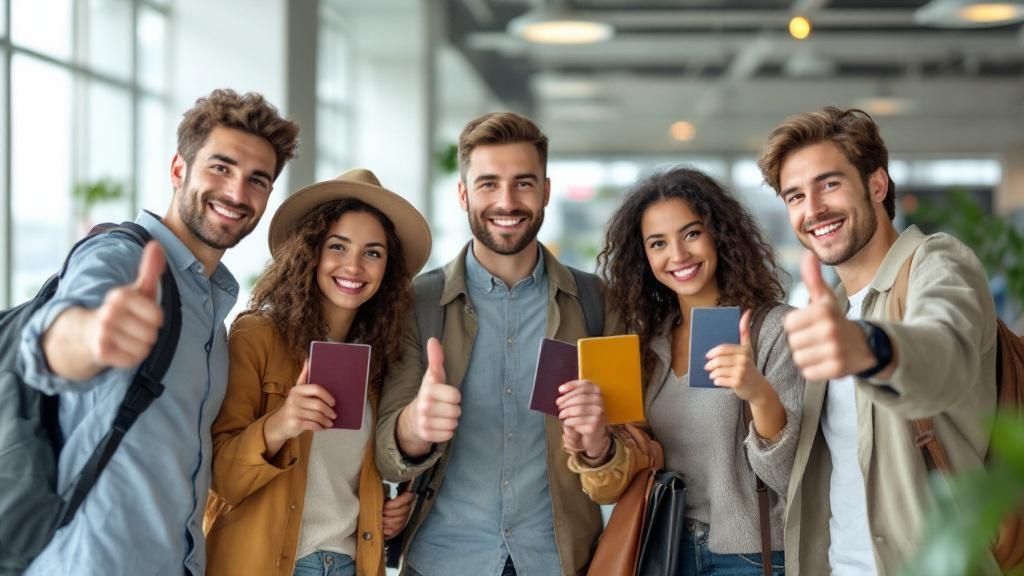 roup of young international travelers holding passports and giving thumbs up at the airport