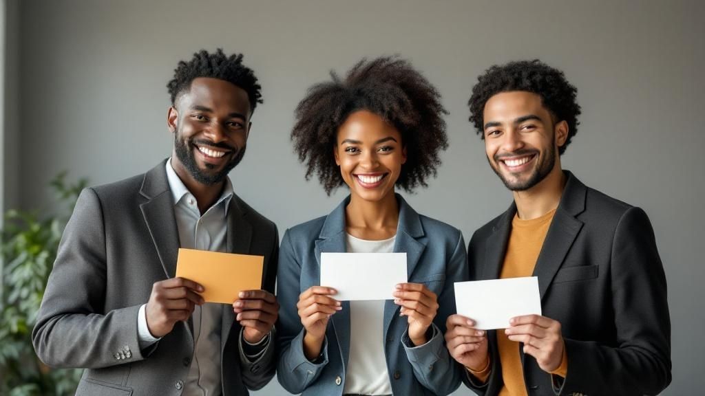 Three smiling professionals holding envelopes, representing successful financial outcomes or distributions