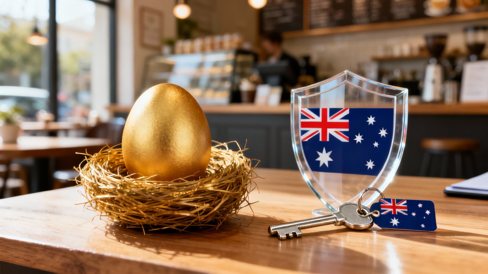 호주 국기와 금색 달걀이 놓인 테이블 위 이미지로 CGT 은퇴 면제(Retirement Exemption)를 활용한 사업 매각 세금 절감 전략을 설명하는 장면.