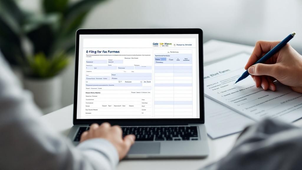 Businessperson filling out tax forms on a laptop while referencing printed documents