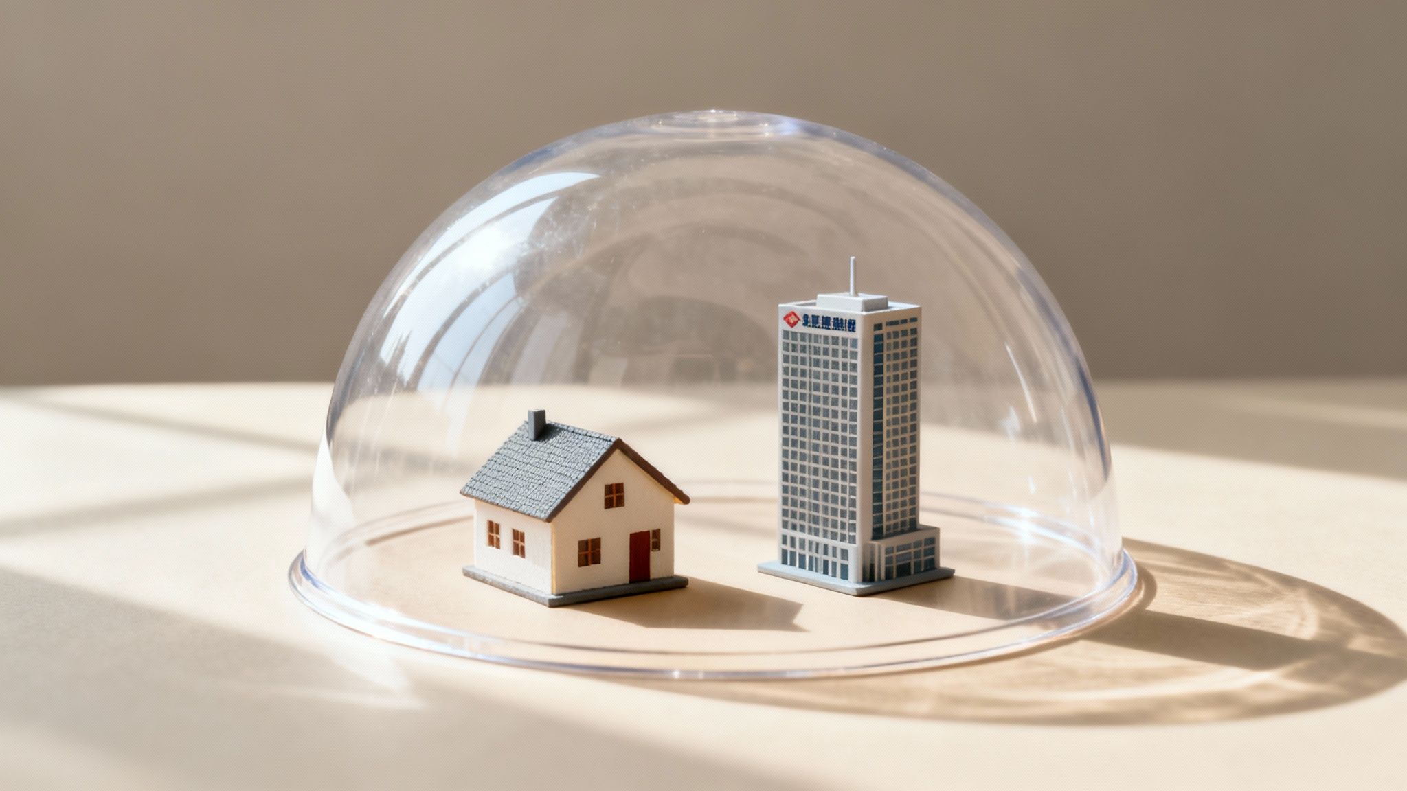 Miniature house and skyscraper models under a clear glass dome, symbolizing asset protection or financial security.