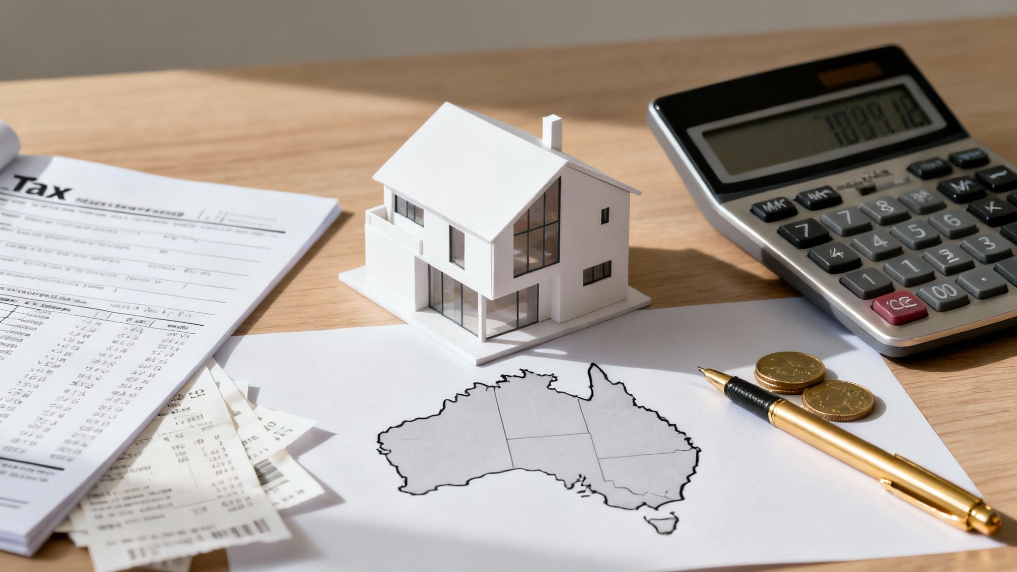 Australian rental property tax deductions explained with documents, calculator, and property investment paperwork