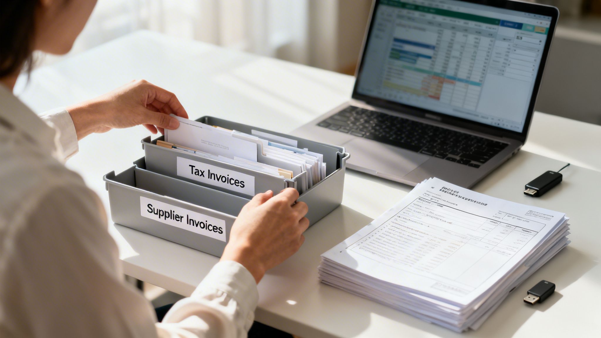 세금 및 공급업체 인보이스를 분류하고 있는 사람, 옆에는 노트북과 서류 더미가 놓여 있습니다.