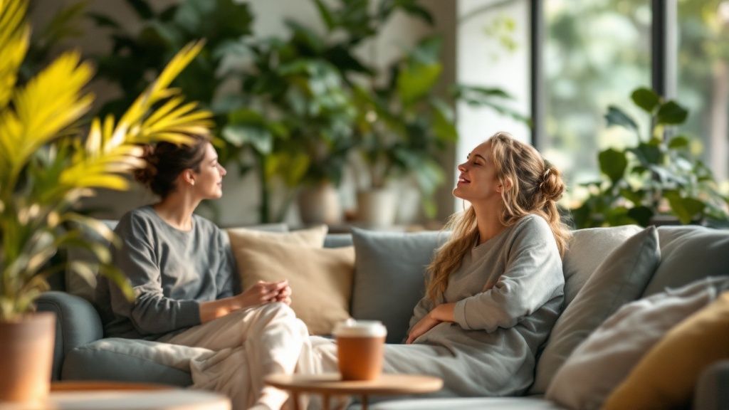 Two hospitality workers relaxing and chatting on a sofa in a cozy indoor setting, suggesting work-life balance.
