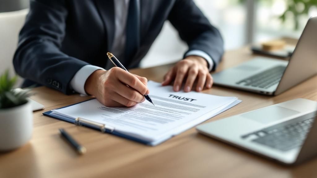 A businessperson in a suit signing a legal trust document at a desk, with a laptop and pen nearby, symbolising trust formation or estate planning.