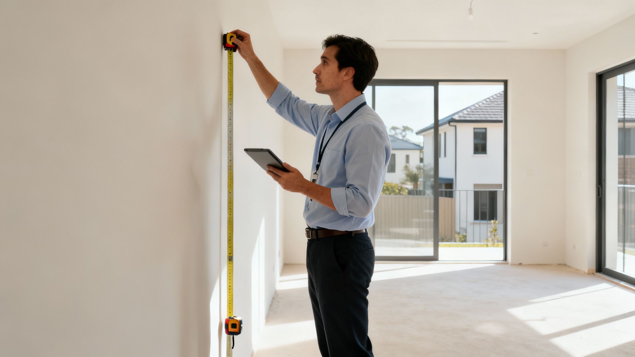 Man in a light blue shirt measures a white wall with a tape measure in an empty room, holding a tablet.