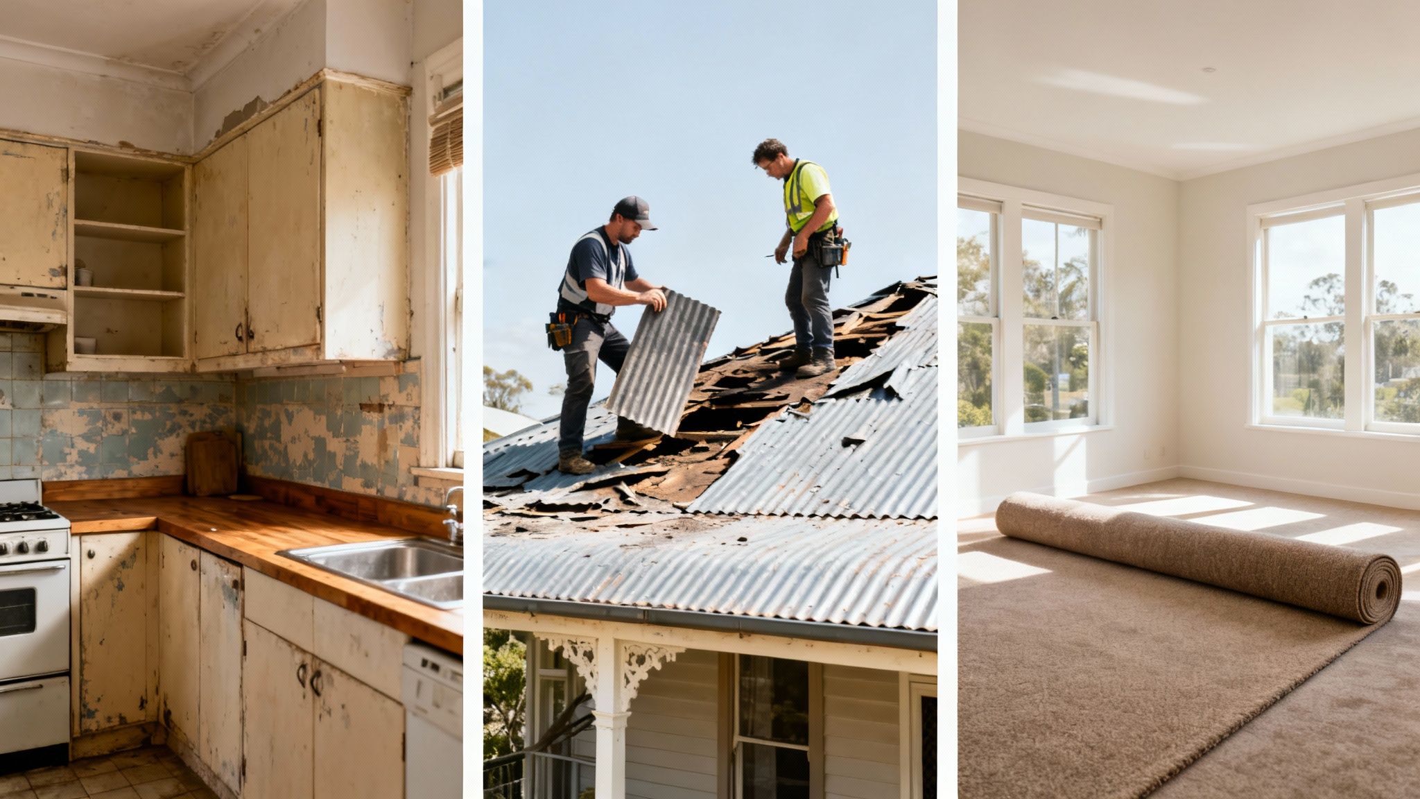 오래된 주방, 지붕 수리공, 새롭게 단장된 방과 카페트 롤을 보여주는 주택 리노베이션 과정