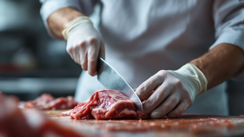 Close-up of a butcher slicing raw meat with a knife while wearing protective gloves