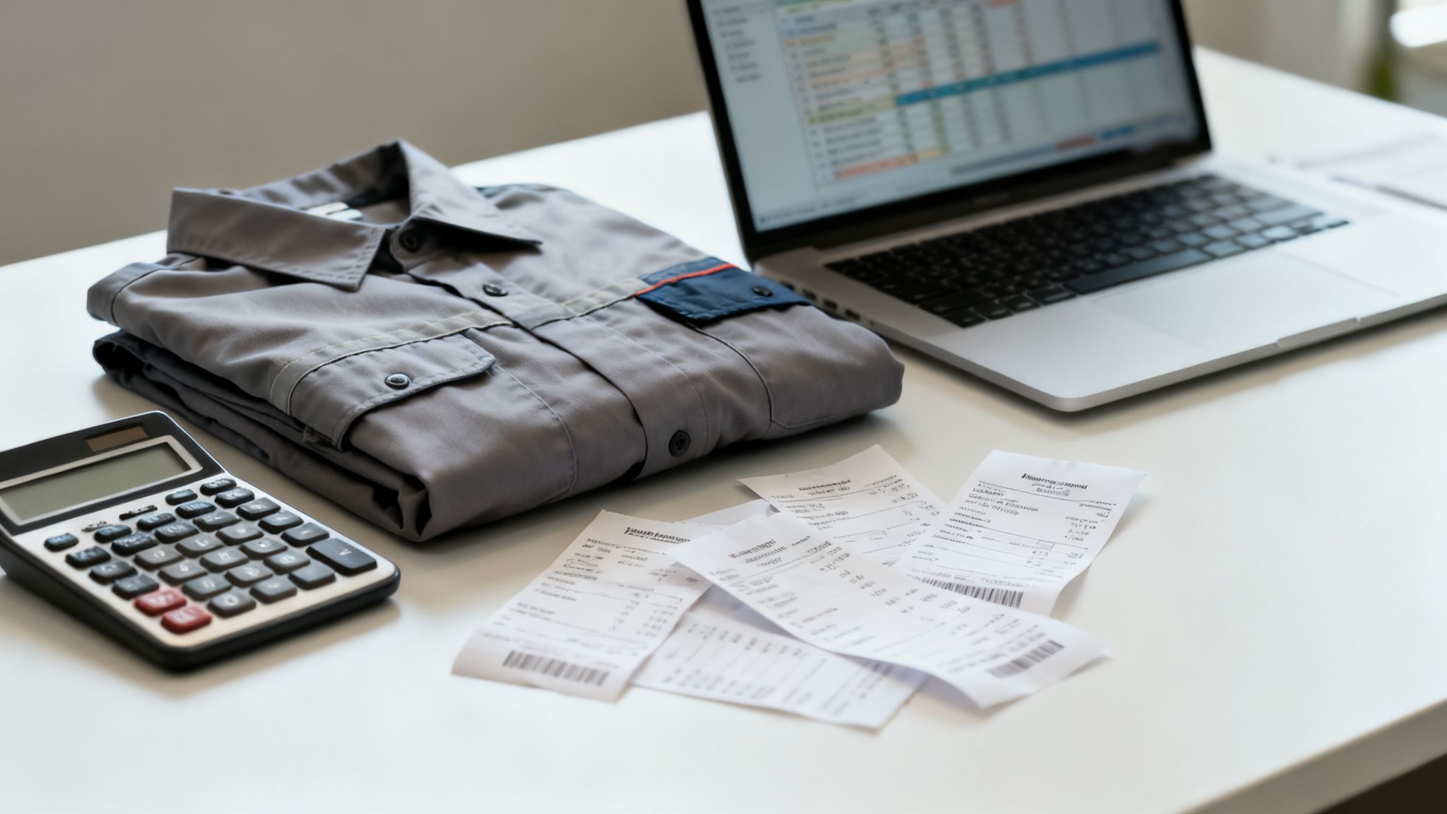 흰색 테이블 위에 회색 작업복, 계산기, 영수증, 노트북이 놓여 있는 비즈니스 공간.