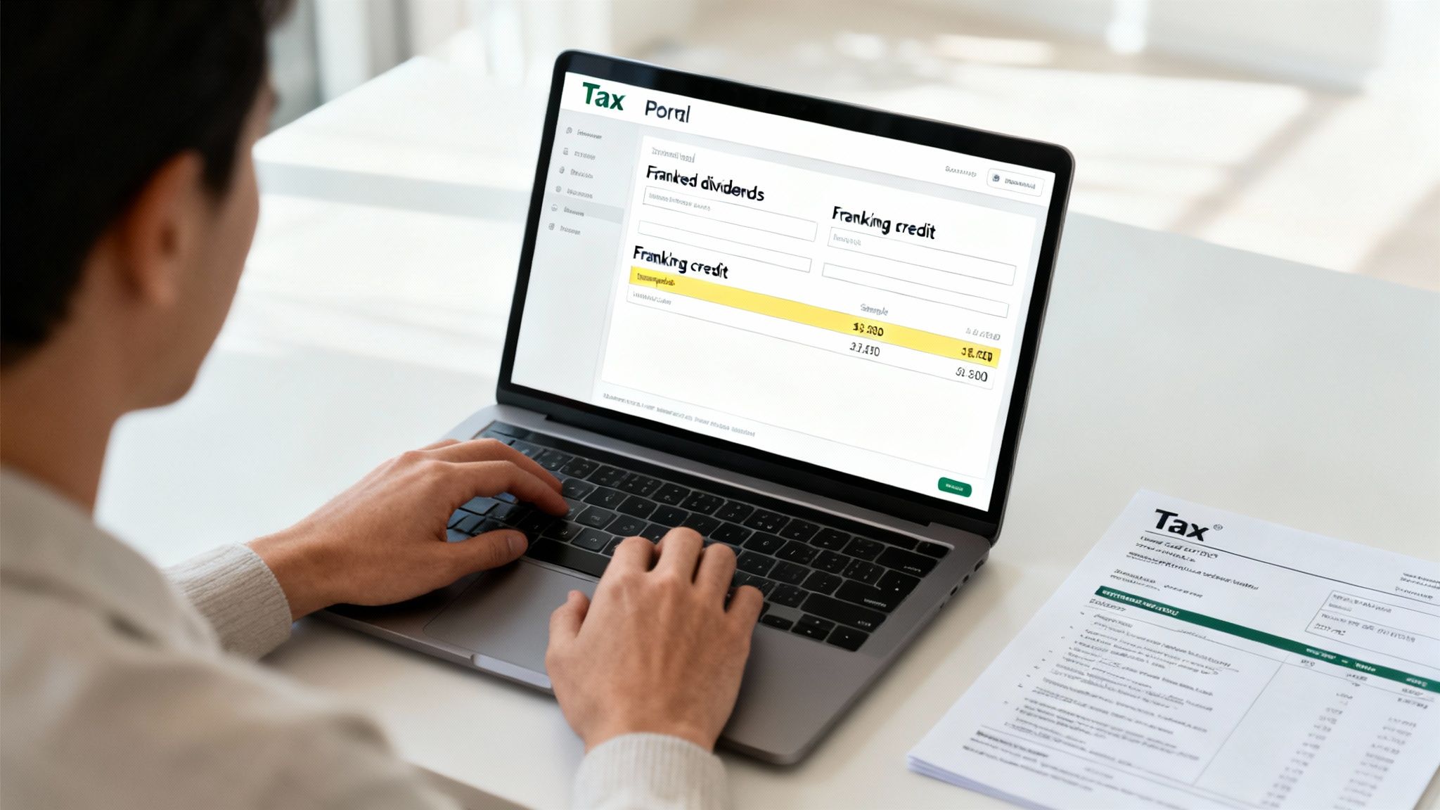 A person uses a laptop to calculate franking credits on a tax portal, with paper documents.