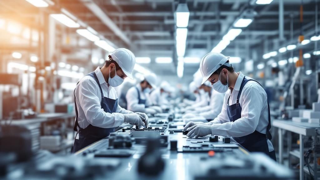 Factory workers in uniform and masks assembling components on a production line.