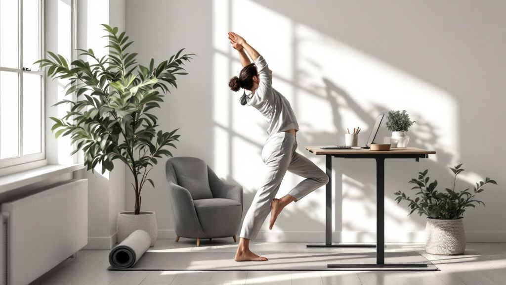 Woman stretching next to a home office desk in a bright, plant-filled room