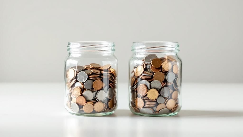 Two glass jars filled with assorted coins on a white table, symbolising different tax outcomes or savings strategies.