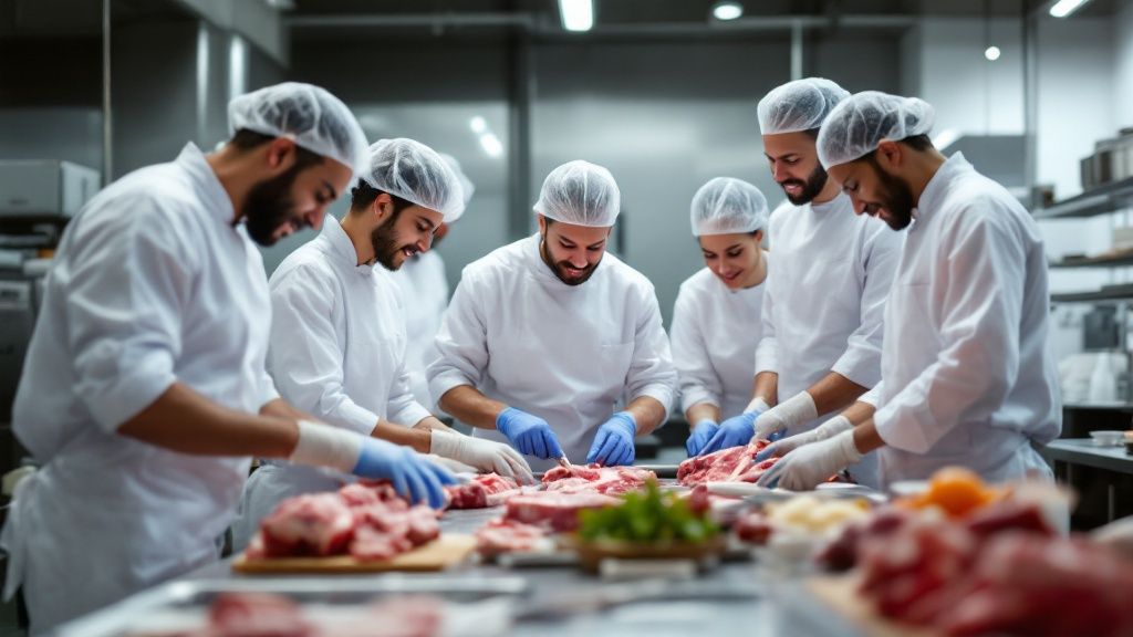 Team of meat workers in protective clothing preparing meat in a commercial kitchen