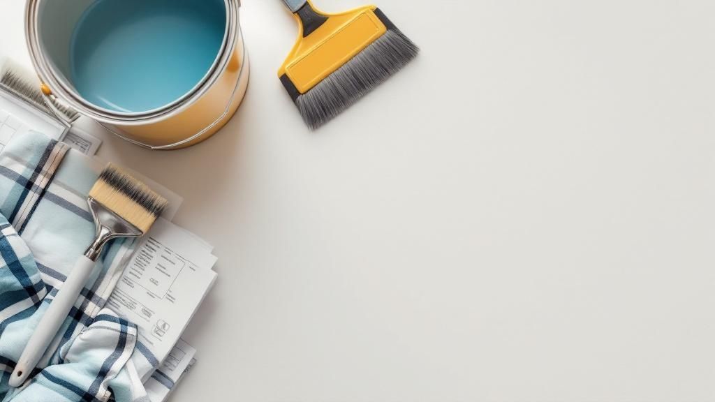 Painting supplies including brushes, a paint can, and renovation receipts on a table, representing property maintenance expenses