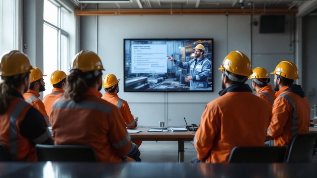 Mining workers in safety uniforms attending a training session with a presentation on a screen.