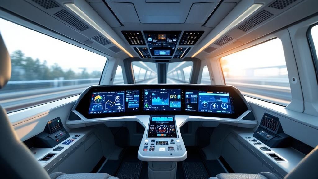 Futuristic train cockpit with advanced digital control panels and panoramic windows showing motion blur