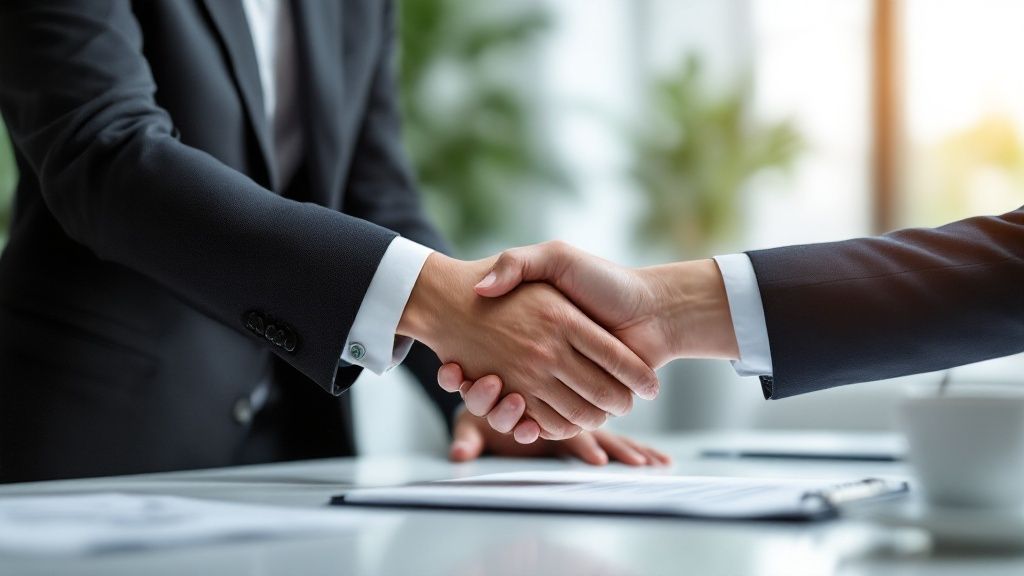 Close-up of two professionals in suits shaking hands over a contract on a desk