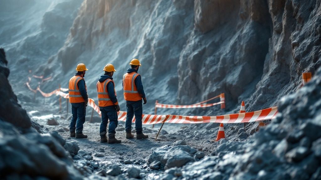 Group of miners in safety gear standing at a rocky mining site near warning tape.