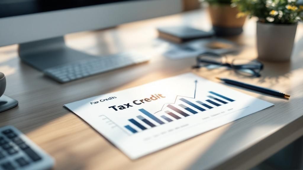 A printed financial report labeled "Tax Credit" with a bar graph and upward trend line on a desk, symbolising tax planning or franking credits analysis.