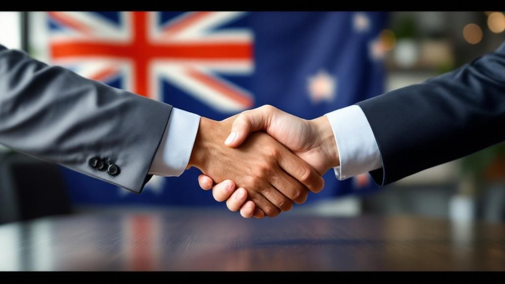 Business handshake in front of the Australian flag, symbolizing partnership and legal protection.
