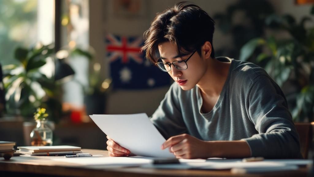 Young man reviewing tax documents at home with focused expression and Australian flag in background