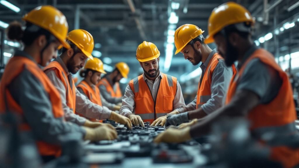 Group of factory workers wearing safety vests and helmets working on an assembly line