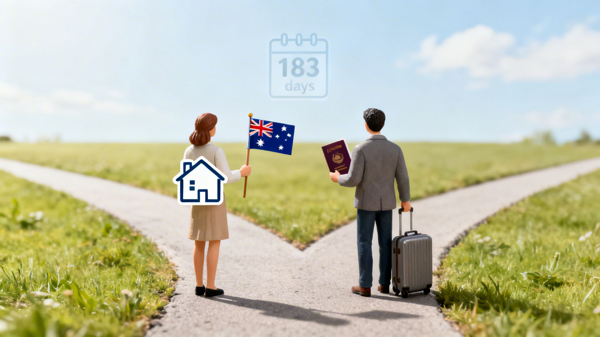Two miniature figures at a crossroads, one with a house and Australian flag, the other with a passport and suitcase, signifying a life decision.
