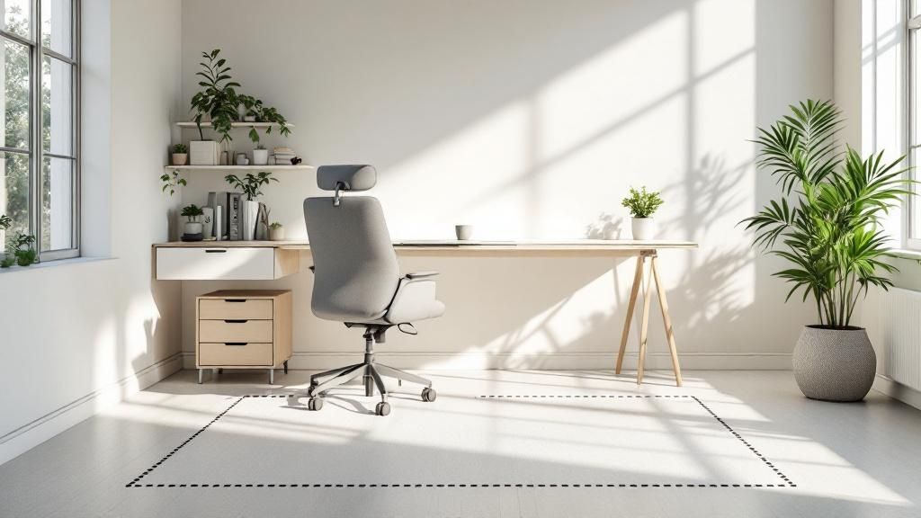 Minimalist home office with desk and chair in sunlight, illustrating fixed rate method for tax deductions