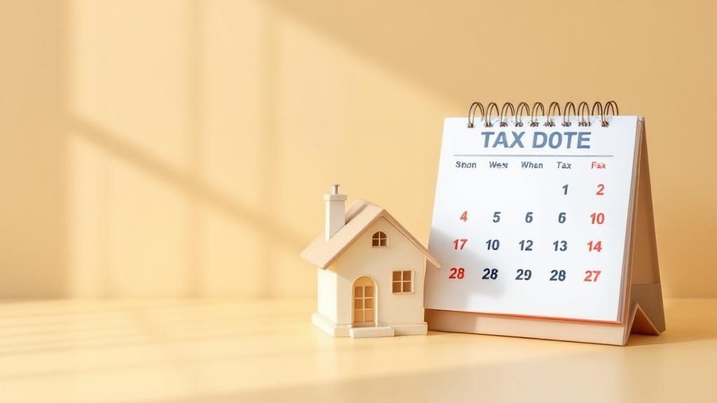 Miniature house next to a desktop calendar marked with tax dates, symbolising capital gains tax deadlines for property owners.