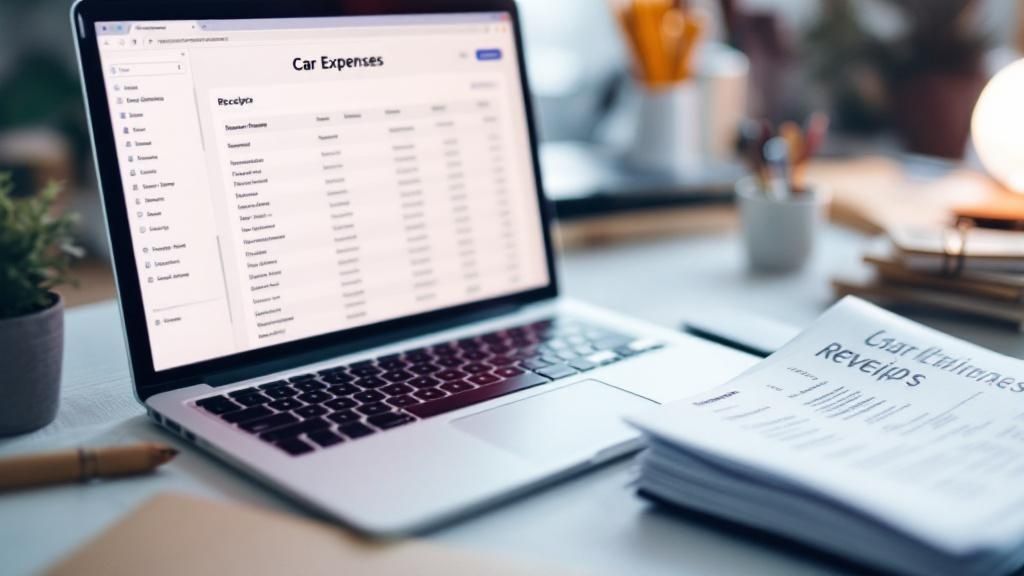 Open laptop displaying a spreadsheet of car expenses with a stack of paper receipts labeled "RECEIPTS" on the side
