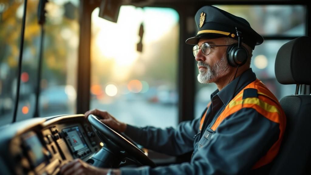 A mature male bus driver wearing a headset and uniform driving through a city at sunset