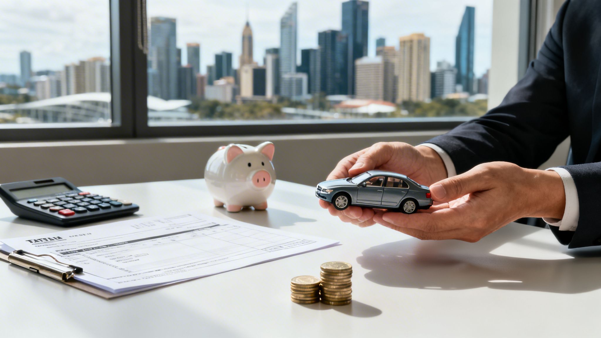 정장 입은 손이 미니어처 자동차를 들고 있고, 책상 위 돼지 저금통과 동전으로 자동차 구매 재정 계획을 나타냅니다.