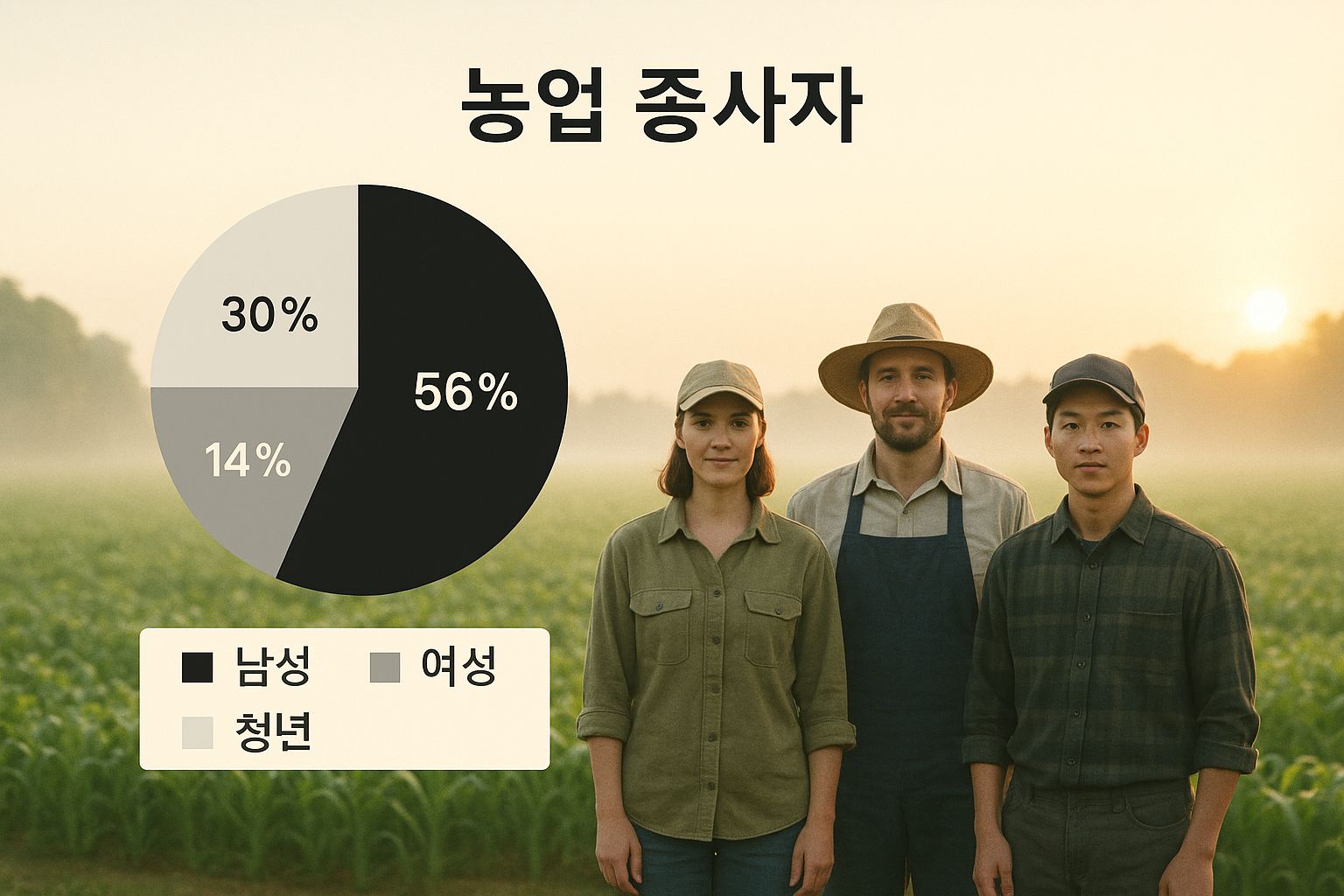 Pie chart showing the gender and age distribution of agricultural workers in Australia: 56% male, 30% female, 14% youth.