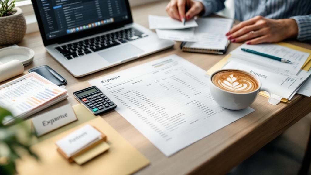Tax documents and laptop on a desk with coffee, calculator, and financial planning materials for rental property deductions